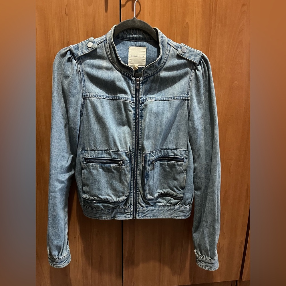 Avec Les Filles Women's Blue Denim Mock Neck Zip Up Jacket Size XS